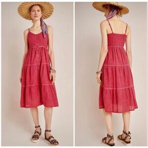 Anthropologie Sundry Elena Tiered Midi Dress size 2 Red Striped Sleeveless